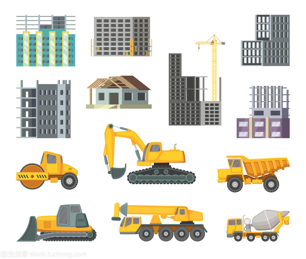 黄色大重型机器和现代建筑物在施工阶段。未完成的家。卡通风格的矢量图片